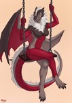 anthro female hair long_tail mane neck_tuft red_body red_scales scaled_body scales solo swing tail tail_fur tuft white_hair maaia mythology dragon mythological_creature mythological_scalie scalie digital_media_(artwork) hi_res