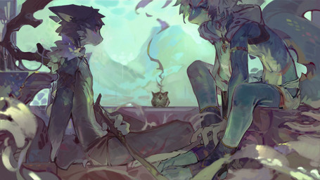 anthro blue_body duo ears_back fur grey_body grey_fur male male_anthro markings mouth_closed pivoted_ears red_eyes red_markings side_view sitting white_body white_fur carbonizedaki felid mammal species_request 16:9 hi_res widescreen