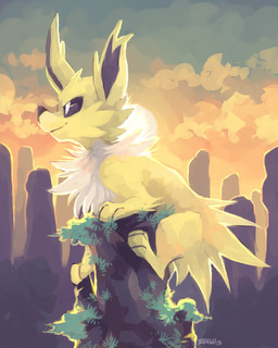 ambiguous_gender black_eyes cloud feral fur outside sky smile solo sun yellow_body yellow_fur yassui nintendo pokemon canid canine eeveelution generation_1_pokemon jolteon mammal pokemon_(species) 4:5 digital_media_(artwork) digital_painting_(artwork) hi_res painting_(artwork)