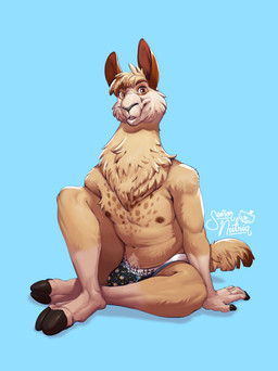 anthro areola biped blue_background bulge clothed clothing fingers front_view fur hooves humanoid_hands jockstrap jockstrap_only logo looking_at_viewer male markings neck_tuft nipples open_mouth partially_clothed simple_background sitting solo spots spotted_markings tan_body tan_fur text topless topless_anthro topless_male tuft underwear underwear_only yellow_eyes senor_nutria rudderbutts tofte alpaca camelid mammal artist_logo artist_name hi_res