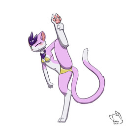 anthro bikini blush breasts clothing countershading digitigrade dipstick_tail female fur gloves_(marking) gold_bikini hand_on_leg leg_markings markings navel one_eye_closed pawpads pink_body pink_fur raised_leg simple_background socks_(marking) solo swimwear tail tail_markings two-piece_swimsuit white_background white_body white_countershading wink feeshyartist miu_(feeshyartist) felid feline mammal philikkahn 1:1 2026 hi_res watermark