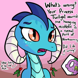 2_horns amber_eyes anthro asking asking_for_status asking_to_stop asking_what blue_body blue_scales blush blush_lines bodily_fluids command dialogue duo fangs female holidays holly_(plant) horn innocence kissing_bough male oblivious offscreen_character open_mouth plant pupils purple_body question scales slit_pupils small_pupils solo_focus sweat sweatdrop teeth text wide_eyed yes-no_question tjpones christmas friendship_is_magic hasbro my_little_pony mythology princess_ember_(mlp) spike_(mlp) dragon mythological_creature mythological_scalie scalie 1:1 2016 bust_portrait english_text hi_res portrait