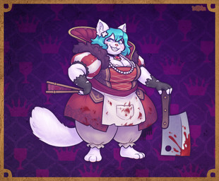 anthro apron barefoot big_breasts blood bodily_fluids breasts butcher_knife clothing cosplay feet female gloves green_eyes green_hair hair handwear holding_butcher_knife holding_fan holding_knife holding_object jewelry knife looking_aside necklace overweight overweight_anthro overweight_female sharp_teeth simple_background smile solo tail teeth thick_thighs white_apron white_clothing wide_hips keffotin armello league_of_geeks griotte_(armello) kehki domestic_cat felid feline felis mammal 2022 digital_media_(artwork) hi_res trans_(lore) trans_woman_(lore)
