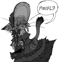 alternative_fashion ambiguous_gender anthro basket bow_ribbon clothing container dipstick_tail dress eyes_closed fangs flower frilly frilly_clothing frilly_dress fur goth gothic_lolita grey_body grey_fur hair headgear headwear holding_basket holding_container holding_object illegible_text j-fashion kerchief lace lolita_(fashion) markings neckerchief neckwear open_mouth open_smile plant rose_(flower) simple_background smile solo speech_bubble tail tail_markings teeth text victorian_goth white_background genczilla capcom monster_hunter monster_hunter_stories_2:_wings_of_ruin tsukino_(monster_hunter_stories) felid felyne lynian mammal palico 2026 monochrome sketch female_(lore)