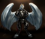 anthro black_hooves blue_body blue_feathers bulge clothing detailed_bulge equid equine feathered_wings feathers front_view full-length_portrait genital_outline hair hi_res hooves laser_(artist) latex latex_clothing latex_skinsuit looking_at_viewer male mammal mouth_closed muscular muscular_male mythological_creature mythological_equine mythology orange_eyes orange_hair pecs pegasus portrait pose red_tail rubber_clothing sharp_stallion sheath_outline signature simple_background skinsuit solo spread_wings standing tail tight_clothing wings