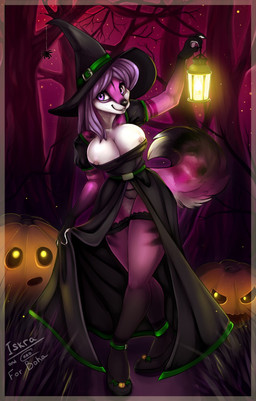 anthro big_breasts biped black_nose breasts claws clothing costume detailed_background dress female food footwear forest fruit fur hair hat headgear headwear holidays lamp lantern legwear long_hair looking_at_viewer magic_user night nipple_piercing nipples outside panties piercing pink_body pink_fur pink_hair plant pumpkin shoes smile solo standing star stockings tree underwear white_body white_fur witch iskra halloween selene_leni ambient_arachnid ambient_arthropod ambient_spider arachnid arthropod canid canine fox mammal spider 2014 digital_media_(artwork) hi_res shaded