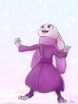 anthro belt clothed clothing coat fully_clothed fur grey_body grey_fur low-angle_view open_mouth open_smile outside pink_nose purple_eyes scarf sky smile snow snowing solo standing toeless_legwear topwear marema_kishin disney zootopia judy_hopps lagomorph leporid mammal rabbit 2018 3:4