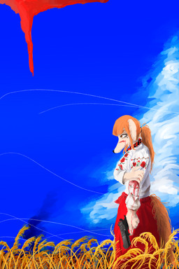 anthro blood blue_sky bodily_fluids clothing cloud female gun handgun holding_gun holding_handgun holding_object holding_pistol holding_ranged_weapon holding_weapon pistol ranged_weapon sky solo weapon mr.foxman dina_yuchenko_(mr.foxman) borzoi canid canine canis domestic_dog hunting_dog mammal sighthound 2:3 hi_res