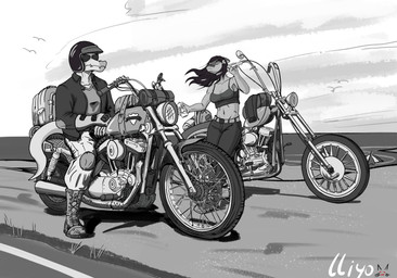 5_fingers anthro beach beverage bone_frill boots breasts clothing crop_top duo eyewear female fingers footwear frill_(anatomy) hair jacket long_hair long_tail male medium_breasts midriff motorcycle motorcycle_helmet navel outside sea seaside shirt shoes snout sunglasses tail text topwear v-cut vehicle water lliyo_(artist) cavemanon_studios i_wani_hug_that_gator snoot_game megan_(snoot_game) trent_(iwhtg) baryonyx dinosaur hadrosaurid ornithischian ornithopod parasaurolophus prehistoric_species reptile saurischian scalie spinosaurid theropod 2025 absurd_res artist_name greyscale hi_res monochrome watermark
