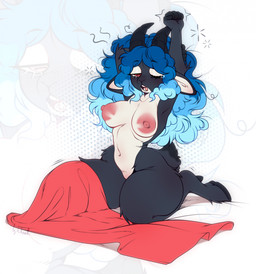 5_fingers anthro areola bedding big_areola black_body black_fur blanket blue_hair blush body_blush featureless_crotch female fingers fur hair hooves horn kneeling long_hair multicolored_body multicolored_fur navel nude nude_anthro nude_female one_eye_closed open_mouth red_eyes simple_background small_waist solo stretching tail thick_thighs tired two_tone_body two_tone_fur white_background white_body white_fur yawn krembosha_krab serenity_(laggyb0i) bovid caprine mammal sheep 2026 digital_media_(artwork) hi_res signature