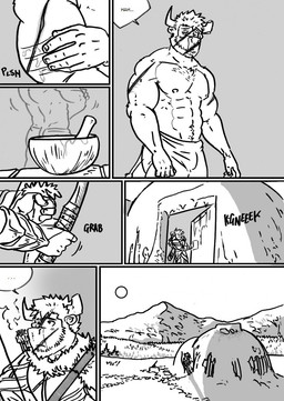 anthro armor bow_(weapon) building clothed clothing dialogue facial_scar forest hairy house male manly mortar_and_pestle muscular muscular_anthro muscular_male nipples plant ranged_weapon scar snow solo sun text tree weapon wounded husky92 european_mythology greek_mythology mythology bovid bovine mammal minotaur comic english_text hi_res monochrome multiple_scenes