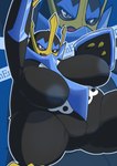 anthro anthrofied areola big_breasts black_body blue_body blush breasts curvy_figure female grey_areola grey_eyes huge_breasts nude open_mouth pokemorph raised_arms solo text thick_thighs voluptuous fdokkaku nintendo pokemon empoleon generation_4_pokemon pokemon_(species) hi_res