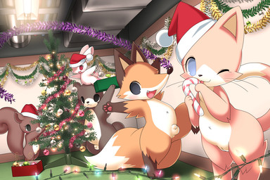anthro balls belly black_body black_eyes black_fur blue_eyes blush brown_body brown_fur candy candy_cane casual_nudity christmas_clothing christmas_headwear christmas_tree clothing dessert female flaccid fluffy fluffy_tail food fur genitals group happy hat headgear headwear holding_object holidays inside licking lights long_ears long_tail looking_at_viewer male multicolored_body multicolored_fur navel nude nude_female nude_male on_one_leg one_eye_closed open_mouth open_smile orange_body orange_fur ornament party penis pink_body pink_fur plant red_eyes santa_hat semi-anthro small_penis smile social_nudity standing tail tan_belly tan_body tan_fur thick_thighs tongue tongue_out tree vulva whiskers wide_hips young konzaburou christmas bear canid canine domestic_cat felid feline felis fox lagomorph leporid mammal rabbit rodent sciurid tree_squirrel 3:2
