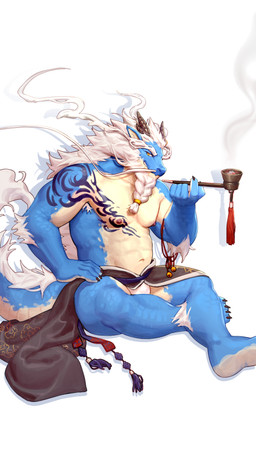anthro areola arm_tattoo arm_tuft beard biped blue_body blue_scales braided_beard brown_clothing bulge chest_tattoo claws clothed clothing elbow_tuft facial_hair feet finger_claws fingers front_view hair humanoid_feet humanoid_hands long_beard long_hair looking_at_viewer male navel nipples non-mammal_navel non-mammal_nipples orange_eyes pecs plantigrade pose scales shadow shoulder_tattoo simple_background sitting skimpy smile smirk smoke smoking_pipe solo tail tan_body tattoo toe_claws toes topless topless_anthro topless_male tuft underwear white_background white_beard white_clothing white_facial_hair white_hair white_underwear goo_loong arcane_shop mythology ryu-ho_(arcane_shop) dragon mythological_creature mythological_scalie scalie wingless_dragon absurd_res colored hi_res shaded