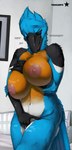 anthro areola beak big_breasts black_beak black_body black_feathers blue_body blue_feathers bodily_fluids breast_physics breasts eyes_closed feathers female fingering genital_fluids masturbation multicolored_body multicolored_feathers nipples non-mammal_breasts non-mammal_nipples onomatopoeia open_mouth orange_body orange_feathers sagging_breasts solo sound_effects text tongue vaginal vaginal_fingering vaginal_fluids vaginal_masturbation white_body white_feathers truegrave9 blaine_(truegrave9) avian bird 2021 hi_res portrait three-quarter_portrait