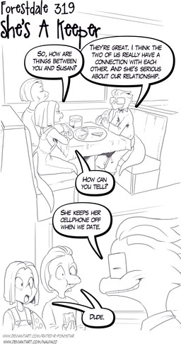 anthro clothing dialogue female food furniture group male overalls pizza speech_bubble table text trio nauyaco forestdale jordan_noel_(forestdale) lizard reptile scalie 2025 comic english_text hi_res url