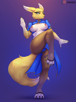 3_toes 5_fingers anthro areola black_sclera blue_eyes breasts camel_toe clothed clothing cosplay crossover_cosplay exposed_breasts feet female fingers footwear fur legwear nipples pantyhose partially_clothed raised_leg simple_background solo toeless_footwear toes yellow_body yellow_fur monian bandai_namco capcom digimon street_fighter chun-li canid digimon_(species) mammal renamon 2020 3:4 crossover digital_media_(artwork) hi_res