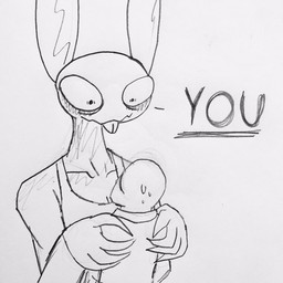 anthro bodily_fluids buckteeth claws dialogue duo female fur hands_on_shoulders larger_anthro larger_female long_ears size_difference smaller_human sweat tear_trough teeth white_body white_fur wide_eyed unknown_artist tonight_you_(meme) anon bogbun human mammal 1:1 monochrome