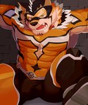 abs angry anthro bound bulge captured detailed_bulge eyebrows fur genital_outline male muscular muscular_anthro muscular_male orange_body orange_fur pecs penis_outline solo striped_body striped_fur stripes thick_eyebrows orangetaming lifewonders live_a_hero ryekie_(live_a_hero) felid mammal pantherine tiger absurd_res hi_res