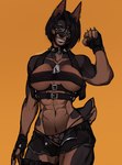 5_fingers abs anthro athletic athletic_anthro athletic_female black_body black_fur black_hair black_nose bottomwear brass_knuckles breasts brown_body brown_fur butt claws clothed clothed_anthro clothed_female clothing collar dog_tags fangs female finger_claws fingerless_gloves fingers front_view fur gloves grin hair handwear harness humanoid_hands melee_weapon multicolored_body multicolored_fur navel open_bottomwear open_clothing open_shorts panties rear_view shorts smile solo spiked_collar spikes standing tail teeth two_tone_body two_tone_fur underwear weapon blud_wox danni_(vega117) canid canine canis dobermann domestic_dog mammal pinscher 3:4 detailed digital_drawing_(artwork) digital_media_(artwork) hi_res