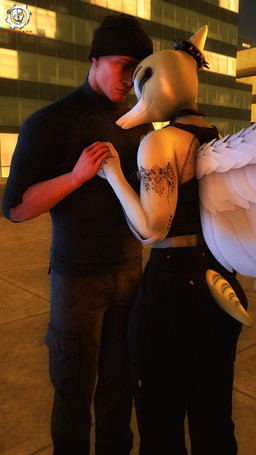 anthro arm_tattoo back_tattoo bald beanie black_beanie black_bottomwear black_clothing black_eyeshadow black_hat black_headwear black_pants black_sweater black_topwear bone_frill bottomwear city clothing duo elbow_feathers eyes_closed eyeshadow feathered_wings feathers female frill_(anatomy) grey_body grey_scales halter_top hand_holding hand_tattoo hat headgear headwear light-skinned_male light_body light_skin makeup male male/female outside pants scales short_tail smile snout sweater tail tattoo text topwear wings gearsassassins aeridiccore_(modeler) cavemanon_studios goodbye_volcano_high ko_op_(game_developer) snoot_game anon_(snoot_game) fang_(gvh) human mammal prehistoric_species pterosaur reptile scalie 2023 3d_(artwork) 9:16 absurd_res artist_name digital_media_(artwork) hi_res source_filmmaker_(artwork) watermark