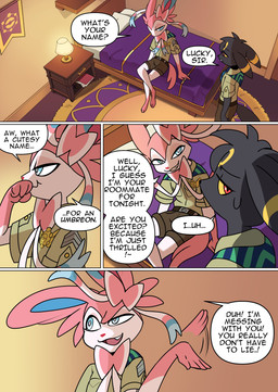 anthro anthrofied bed black_body black_ears black_fur black_nose blue_eyes bodily_fluids dialogue duo fur furniture harmony_scarf lamp male pink_body pink_ears pink_fur pink_nose pokemorph red_eyes sweat sweatdrop text white_body white_fur odeko-yma nintendo pokemon pokemon_mystery_dungeon spike_chunsoft lucky_(odeko-yma) pix_(odeko-yma) eeveelution generation_2_pokemon generation_6_pokemon pokemon_(species) sylveon umbreon absurd_res comic english_text hi_res