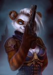 anthro breasts brown_body brown_fur clothed clothing ear_piercing ear_ring female fur gun holding_gun holding_object holding_ranged_weapon holding_weapon piercing ranged_weapon ring_piercing smile solo weapon white_body white_fur milkwyvern blizzard_entertainment warcraft bear mammal pandaren 2020 half-length_portrait portrait