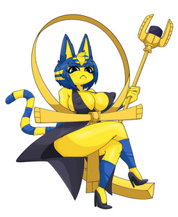 ankh anthro big_breasts black_eyes blue_eyeliner blue_hair blue_lips blue_lipstick bob_cut breasts cleavage clothed clothing cosplay crossed_legs dress electronics eyeliner female footwear fur hair high_heels holding_microphone holding_object holding_staff leg_wraps lips lipstick looking_at_viewer makeup microphone microphone_stand nipple_outline shoes short_hair simple_background sitting solo staff tail tail_wraps thick_thighs uraeus white_background wraps yellow_body yellow_fur missmorize animal_crossing nintendo skullgirls ankha_(animal_crossing) eliza_(skullgirls) felid mammal 2025 absurd_res full-length_portrait hi_res portrait