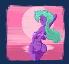 bedroom_eyes big_breasts big_butt bikini bikini_top blush breasts butt clothed clothing eggplant female food fruit green_hair grin hair half-closed_eyes logo looking_back narrowed_eyes not_furry nude plant purple_background purple_body purple_skin seductive simple_background skinny smile solo sunset swimwear two-piece_swimsuit slb eggy_(slb) humanoid 2016 alpha_channel icon signature
