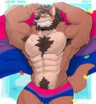 abs anthro armpit_hair biped bisexual_pride_colors body_hair brown_body brown_fur bulge chest_hair clothed clothing countershade_face countershade_fur countershade_torso countershading eyebrows facial_hair fingers fur hair happy_trail lgbt_pride male muscular muscular_anthro muscular_male pecs pride_colors smile solo tail topless topless_anthro topless_male ruffusbleu lgbt_pride_month sabin_(soarinsabin) canid canine canis hybrid mammal wolfdog 2024 hi_res