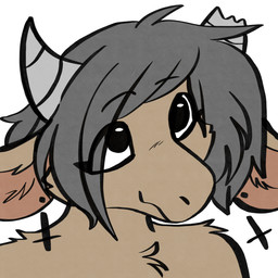 ambiguous_gender anthro arm_tuft broken_horn brown_body brown_fur cheek_tuft chest_tuft cross cross_ear_piercing cross_piercing ear_piercing facial_tuft fur grey_hair grey_horn hair horn inverted_cross inverted_cross_ear_piercing inverted_cross_piercing looking_up piercing short_hair shoulder_tuft simple_background smile solo tuft white_background manitka manitka_storm bovid bovine cattle mammal 1:1 2025 digital_media_(artwork) hi_res
