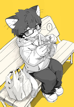 anthro bench clothed clothing eyewear food fully_clothed glasses holding_food holding_object hoodie kemono looking_at_viewer male on_bench open_mouth plastic_bag simple_background sitting sitting_on_bench solo topwear yellow_background young young_anthro kuromu mutsumashi_(kuromu) domestic_cat felid feline felis mammal 2026 hi_res japanese_description partially_colored sketch