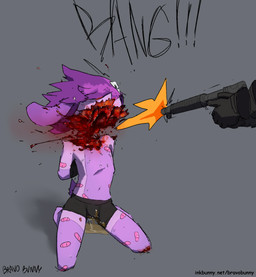anthro black_briefs black_clothing black_gloves black_handwear black_underwear bodily_fluids briefs briefs_only clothed clothing death death_piss decapitation duo fur genital_fluids gloves gore grotesque_death gun hair handwear killing kneeling male peeing purple_body purple_fur purple_hair ranged_weapon severed_body_part severed_head shooting snuff topless underwear underwear_only urine watersports weapon wetting bravobunny mammal hi_res
