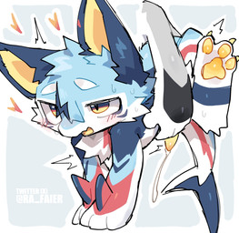 anthro blue_body blue_fur blush bodily_fluids claws cum duo erection fin fur fur_markings genital_fluids genitals grabbing_torso hand_fin heart_symbol male male/male markings multicolored_body multicolored_fur pawpads penis toe_claws yellow_eyes yellow_inner_ear yellow_mouth yellow_pawpads yellow_penis ra_faier aquatic fish mammal shark absurd_res hi_res