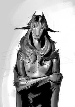 anthro arm_scar chest_scar clothed clothing facial_scar fantasy hair long_hair male partially_clothed partially_clothed_anthro partially_clothed_male scar slim slim_male solo purplebirdman bovid caprine goat mammal black_and_white digital_drawing_(artwork) digital_media_(artwork) hi_res monochrome portrait shaded sketch three-quarter_portrait