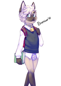 anthro backpack blue_eyes book bottomless clean_diaper clothed clothing collar diaper hair simple_background solo standing wearing_diaper white_hair raineshadowpaw domestic_cat felid feline felis mammal 2018 absurd_res clip_studio_paint_(artwork) digital_media_(artwork) hi_res