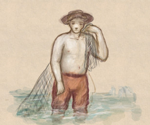 anthro bottomwear clothed clothing ears_down fisherman hat headgear headwear holding_net holding_object male male_anthro net nipples pants partially_submerged pivoted_ears solo standing standing_in_water topless topless_anthro topless_male water wearing_hat reynard_goodfellow hi_res