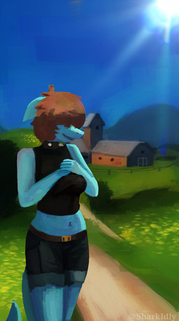 anthro barn big_breasts biped black_clothing black_crop_top black_shirt black_topwear blue_body blue_scales bottomwear breasts brown_hair building clothed clothed_anthro clothed_female clothing countryside crop_top day denim denim_bottomwear denim_clothing denim_shorts female fin fingers front_view grass hair hair_over_eyes happy humanoid_hands light light_beam midriff navel non-mammal_breasts non-mammal_navel outside plant scales shadow shirt shorts sky smile solo standing sun sunbeam sunlight tail text topwear sharkidly betta_(sharkidly) aquatic fish shark 2025 artist_name colored digital_media_(artwork) hi_res shaded