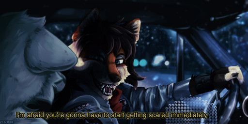 ambiguous_gender anthro car duo male smile text vehicle bottleworm death_proof acid_(occultic_acid) canid canine canis mammal red_wolf wolf absurd_res digital_media_(artwork) digital_painting_(artwork) english_text hi_res painting_(artwork) nonbinary_(lore)