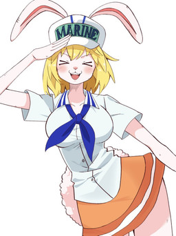 anthro blonde_hair blush bottomwear clothing female gesture hair happy hat headgear headwear marines salute shirt skirt smile solo topwear uniform 299_tg one_piece carrot_(one_piece) lagomorph leporid mammal rabbit