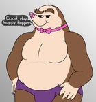 anthro black_eyes bow_(feature) bow_in_front bow_tie brown_body brown_eyebrows bulge clothing eyebrows male overweight overweight_anthro overweight_male pink_nose purple_clothing purple_speedo purple_swimwear solo speedo swimwear text thick_eyebrows wolfox90210 chip_and_potato dhx_media netflix mr._diggerty eulipotyphlan mammal mole_(animal) hi_res