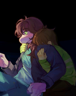 ambiguous_gender anthro blush clothing duo female freckled_face freckles hug hugging_another hugging_from_behind jacket purple_body purple_skin surprised sweater topwear yellow_sclera dule0000 deltarune undertale_(series) kris_dreemurr susie_(deltarune) human mammal reptile scalie hi_res