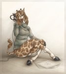 anthro bedroom_eyes bottomless brown_body brown_fur brown_hair clothed clothing cloven_hooves crossed_legs electronics female fur genitals green_eyes hair hand_on_knee hand_on_leg headphones holding_object hooves horn looking_at_viewer markings narrowed_eyes nipple_outline ossicone pussy record seductive smile solo spots spotted_markings sweater sweater_only tail tail_tuft tan_body tan_fur topwear topwear_only tuft turtleneck vinyl vinyl_record s00t gracey_halvenka giraffe giraffid mammal 2022 hi_res
