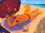 anthro beach beach_towel bedroom_eyes beverage bikini_thong blood blood_in_mouth boat bodily_fluids cloak clothing drinking drinking_blood eyewear fangs looking_at_viewer male narrowed_eyes outside sailing_boat sailing_watercraft seductive smoothie solo sunglasses sunscreen swimwear teeth towel umbrella vehicle watercraft bowling_with_skulls neopets count_von_roo blumaroo kangaroo macropod mammal marsupial neopet_(species) vampire hi_res