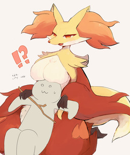 anthro big_breasts black_body black_fur bodily_fluids boob_hat breasts brown_body brown_fur duo eyelashes featureless_breasts female female_anthro fluffy fur holding_object holding_stick inner_ear_fluff interrobang interspecies kemono multicolored_body multicolored_fur owo pokephilia red_body red_eyes red_fur red_inner_ear_fluff simple_background stick sweat sweatdrop tail text tuft white_background white_body white_fur yellow_body yellow_fur kemonoyocchi nintendo pokemon canid canine delphox generation_6_pokemon human mammal pokemon_(species) 2022 digital_media_(artwork) hi_res japanese_text pictographics translated