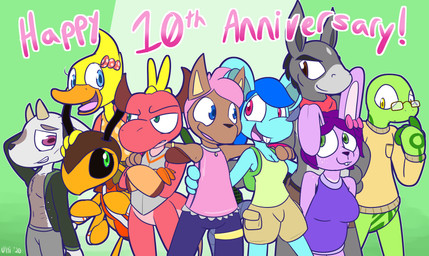 antennae_(anatomy) anthro backpack beak black_sclera blue_ears blue_eyes blue_hair bottomless bottomwear breasts brown_body brown_exoskeleton buckteeth cleavage clothed clothing crossed_arms exoskeleton eyewear feathers female fully_clothed glasses green_background grey_clothing grey_ears group hair hand_on_head horn looking_at_viewer monotone_beak multicolored_body multicolored_exoskeleton open_beak open_clothing open_mouth orange_beak orange_body orange_exoskeleton shorts simple_background teeth text tongue yellow_body yellow_feathers ultilix cia_(ultilix) kachi_(ultilix) kaxo_(ultilix) letas_(ultilix) raize_(ultilix) saido_(ultilix) sara_july_(ultilix) slate_(ultilix) venit_(ultilix) ant arthropod bovid caprine equid equine goat horse hymenopteran insect lagomorph leporid lizard mammal mouse murid murine rabbit reptile rodent scalie english_text hi_res