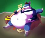 anthro belly belly_overhang belly_rolls big_belly blue_body blue_fur fat_rolls force_feeding forced fur hose hose_in_mouth male moobs navel obese overweight solo tube weight_gain swatchfodder illford canid canine fox mammal absurd_res hi_res