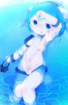 anthro blue_eyes blue_hair blush bulge clothed clothing eyewear fur goggles hair kemono looking_at_viewer lying male navel nipples on_back open_mouth skimpy solo water wet white_body white_fur young young_anthro zipper aoino spica_(aoino) canid canine canis domestic_dog mammal absurd_res hi_res