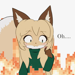 4_fingers anthro big_ears big_eyes biped blonde_hair blush brown_body brown_ears brown_fur brown_hair brown_nose burning cheek_tuft chest_tuft close-up clothing cute_fangs dialogue digitigrade ear_tuft eyebrows eyelashes facial_tuft fangs female fingers fire fluffy fluffy_ears fluffy_hair fluffy_tail fox_tail fur green_clothing green_eyes green_shirt green_topwear hair humor inner_ear_fluff long_hair looking_down minecraft_block multicolored_body multicolored_fur oversized_clothing oversized_topwear pointy_ears pose raised_hand scared sharp_teeth shirt simple_background slim small_nose snout solo standing straight_hair sweater tail tail_tuft teeth text topwear tuft white_background white_body white_fur white_sclera wide_eyed yellow_body yellow_fur conditional_dnp qin microsoft minecraft mojang this_is_fine xbox_game_studios averi_(fiddleafox) canid canine fox mammal red_fox true_fox 1:1 3d_(artwork) animated digital_media_(artwork) loop meme