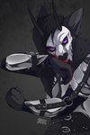 angry anthro armor blood bodily_fluids bone fist horn male mask nosebleed purple_eyes skull skull_mask solo wiping_face evvonic magnae abyssal_wolf canid canine canis mammal wolf 2:3 absurd_res hi_res